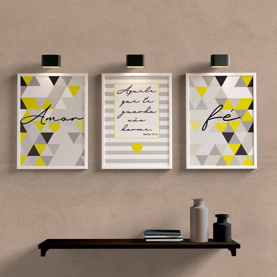 Kit Quadros Decorativos Amor e Fé Amarelo