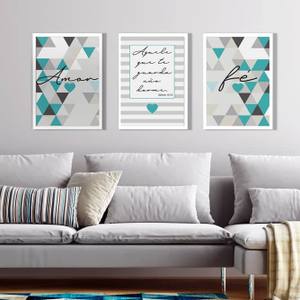 Kit Quadros Decorativos Amor e Fé Azul Turquesa - vista aproximada da impressão