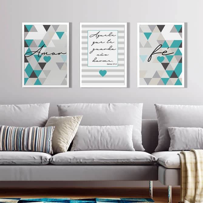 Kit Quadros Decorativos Amor e Fé Azul Turquesa - vista aproximada da impressão