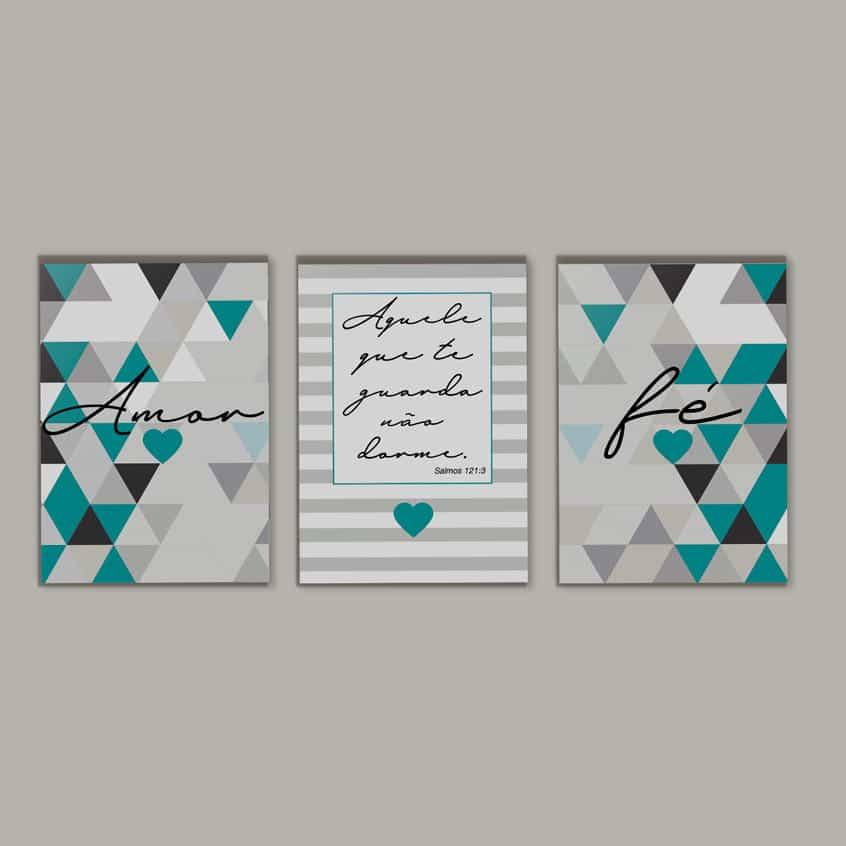 Kit Quadros Decorativos Amor e Fé Azul Turquesa - quadro decorativo em ambiente decorado