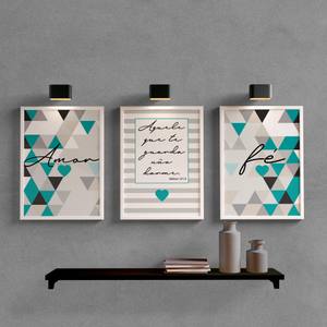 Kit Quadros Decorativos Amor e Fé Azul Turquesa - detalhe da moldura e acabamento