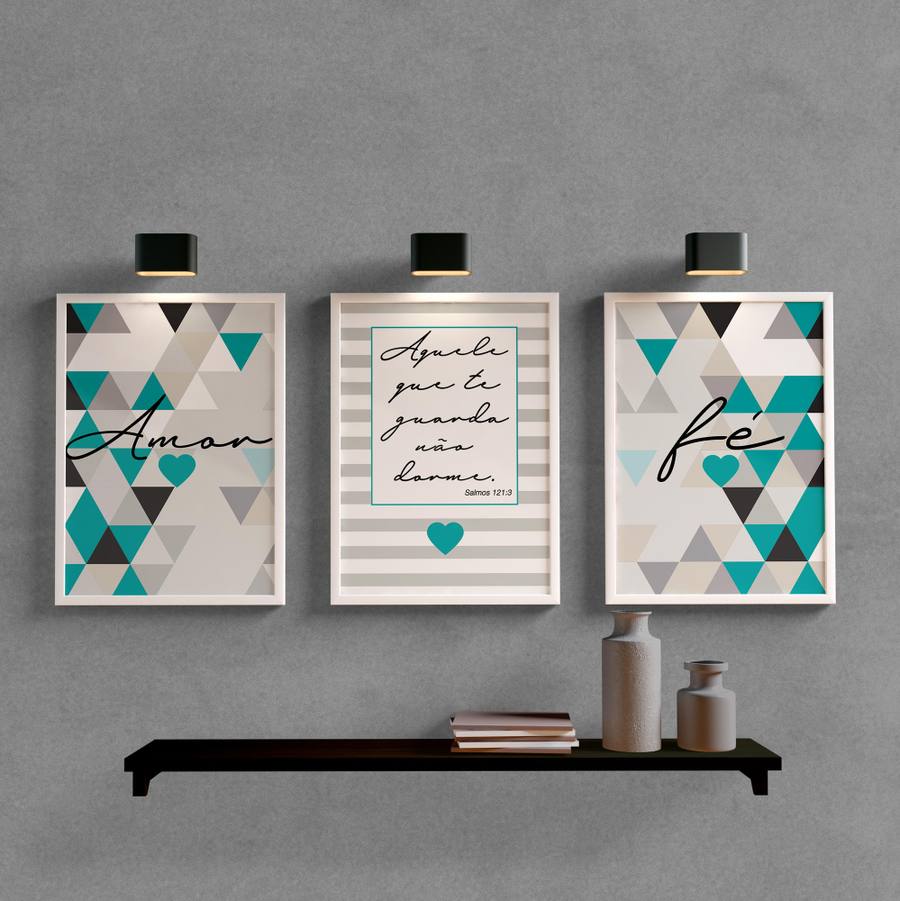 Kit Quadros Decorativos Amor e Fé Azul Turquesa - detalhe da moldura e acabamento