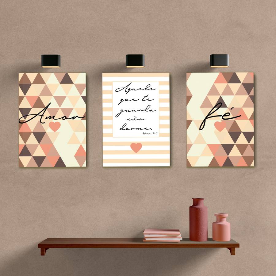 Kit Quadros Decorativos Amor e Fé Bege e Marrom - quadro decorativo em ambiente decorado