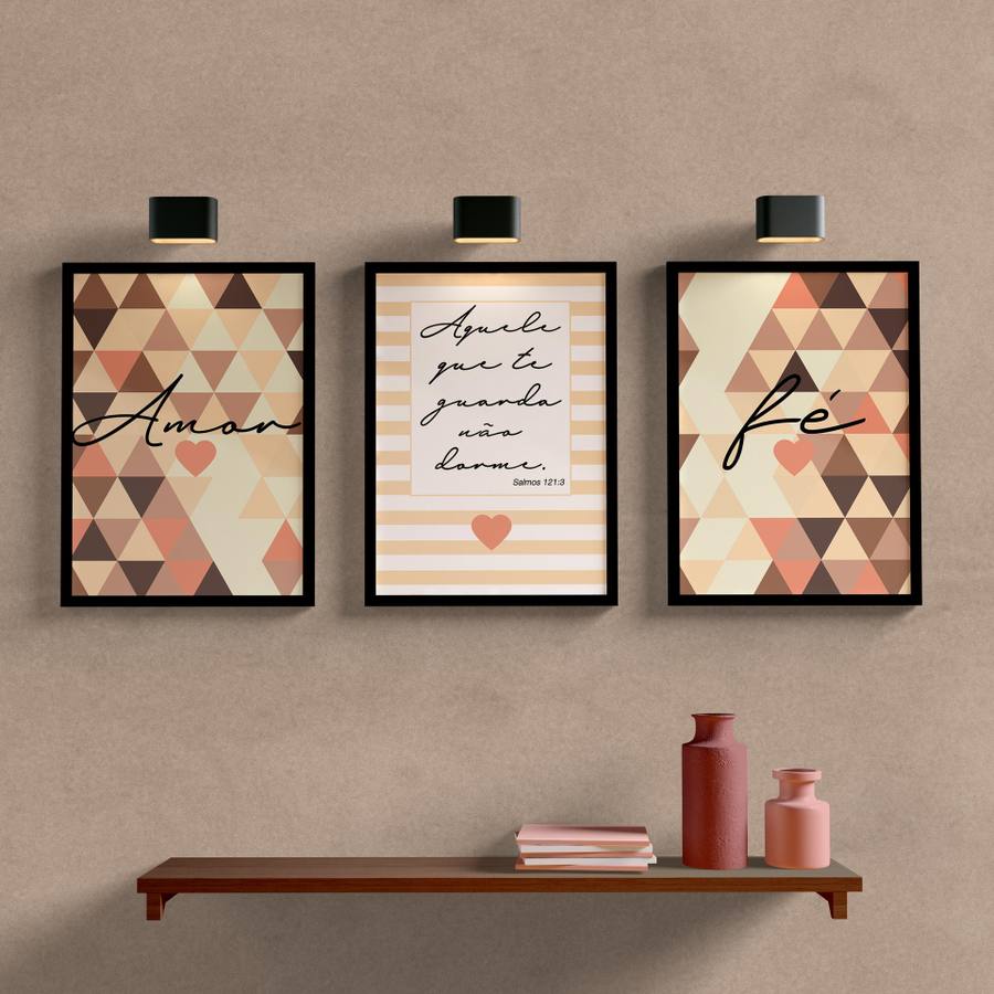 Kit de quadros decorativos para sala amor e fé marrom