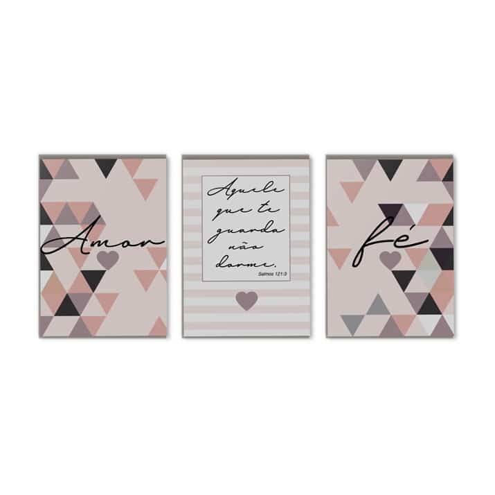 Kit Quadros Decorativos Amor e Fé Rosa - quadro decorativo em ambiente decorado