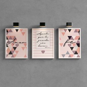 Kit Quadros Decorativos Amor e Fé Rosa | Wallze
