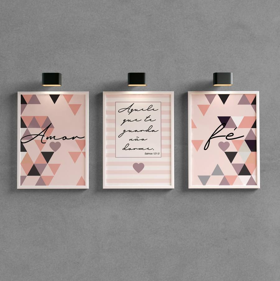 Kit Quadros Decorativos Amor e Fé Rosa | Wallze