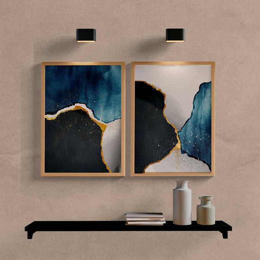 Kit Quadros Decorativos Abstrato Azul e Preto - vista aproximada da impressão