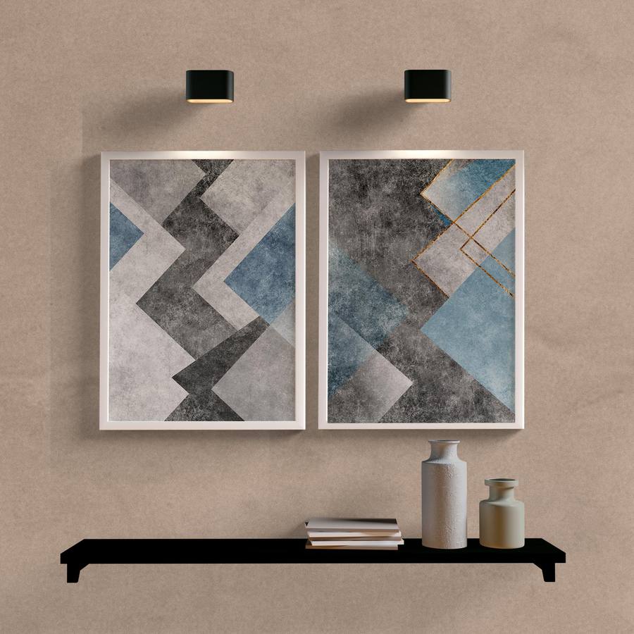 Kit Quadros Decorativos Abstrato Cinza e Azul - detalhe da moldura e acabamento