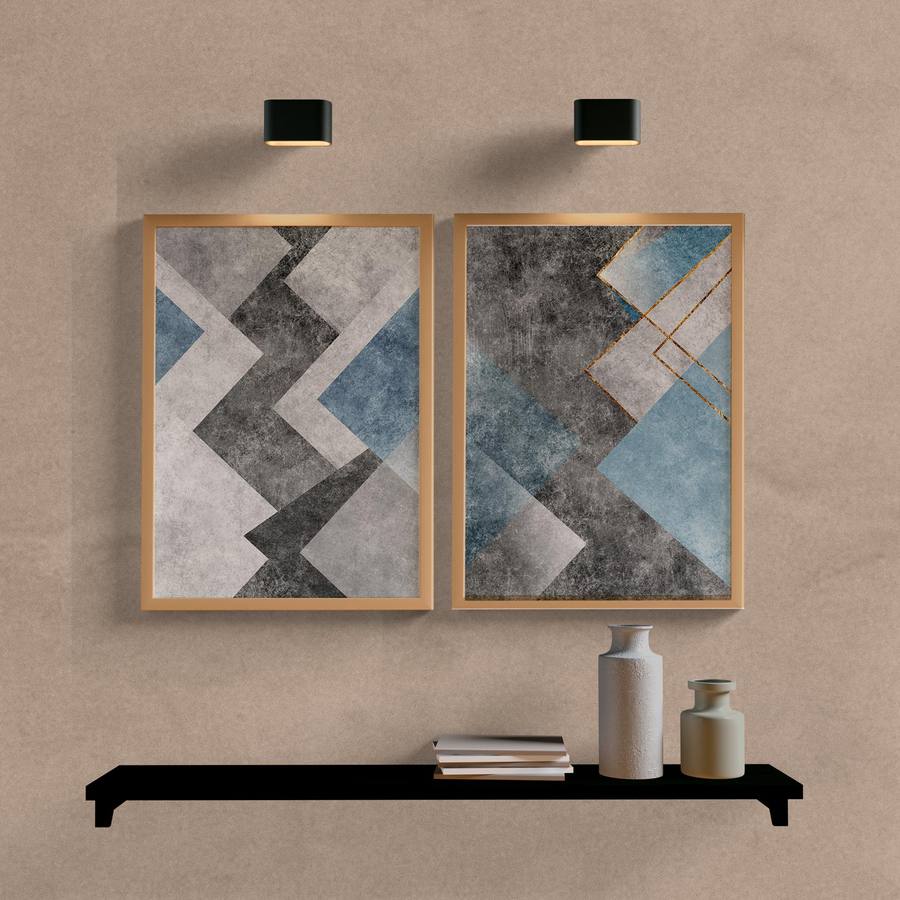 Kit Quadros Decorativos Abstrato Cinza e Azul - vista aproximada da impressão