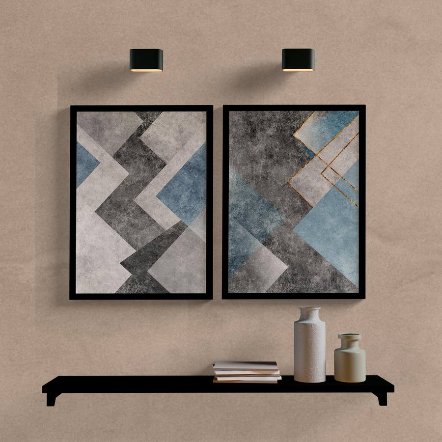 Kit Quadros Decorativos Abstrato Cinza e Azul - quadro decorativo em ambiente decorado