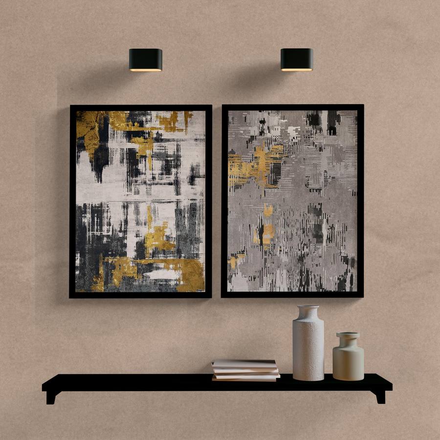 Kit Quadros Decorativos Abstrato Cinza e Dourado - quadro decorativo em ambiente decorado