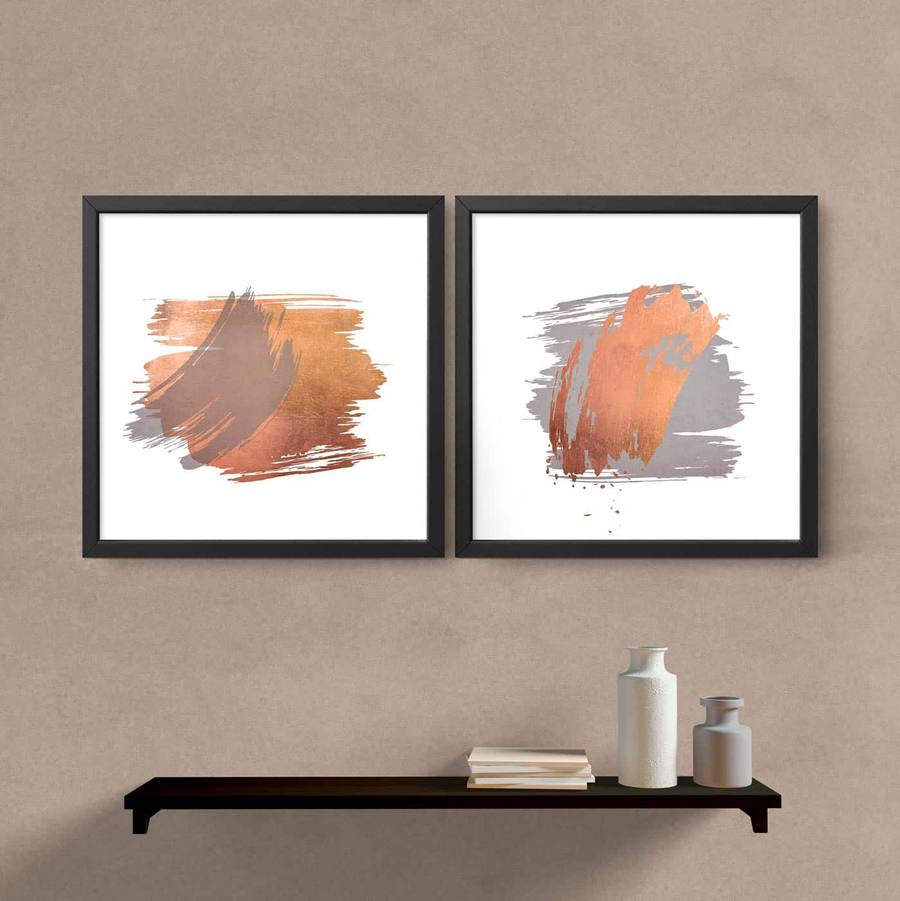 Kit Quadros Decorativos Abstrato Cobre e Cinza - quadro decorativo em ambiente decorado