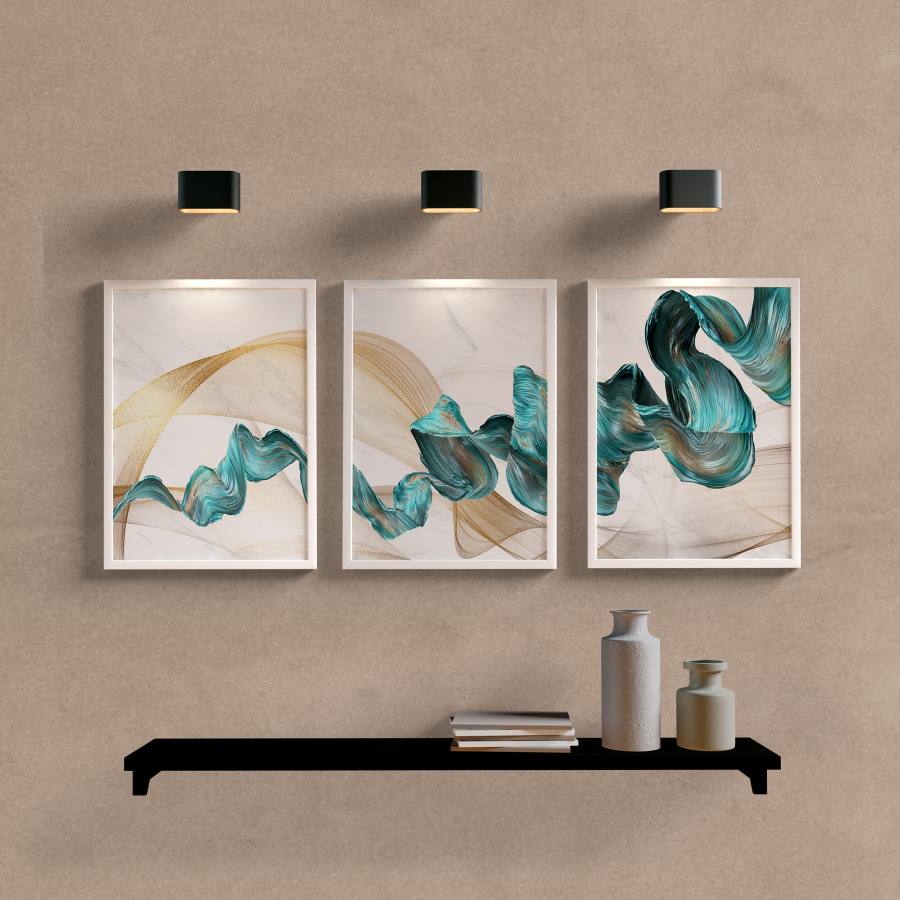 Kit Quadros Decorativos Abstrato Dourado e Azul - detalhe da moldura e acabamento