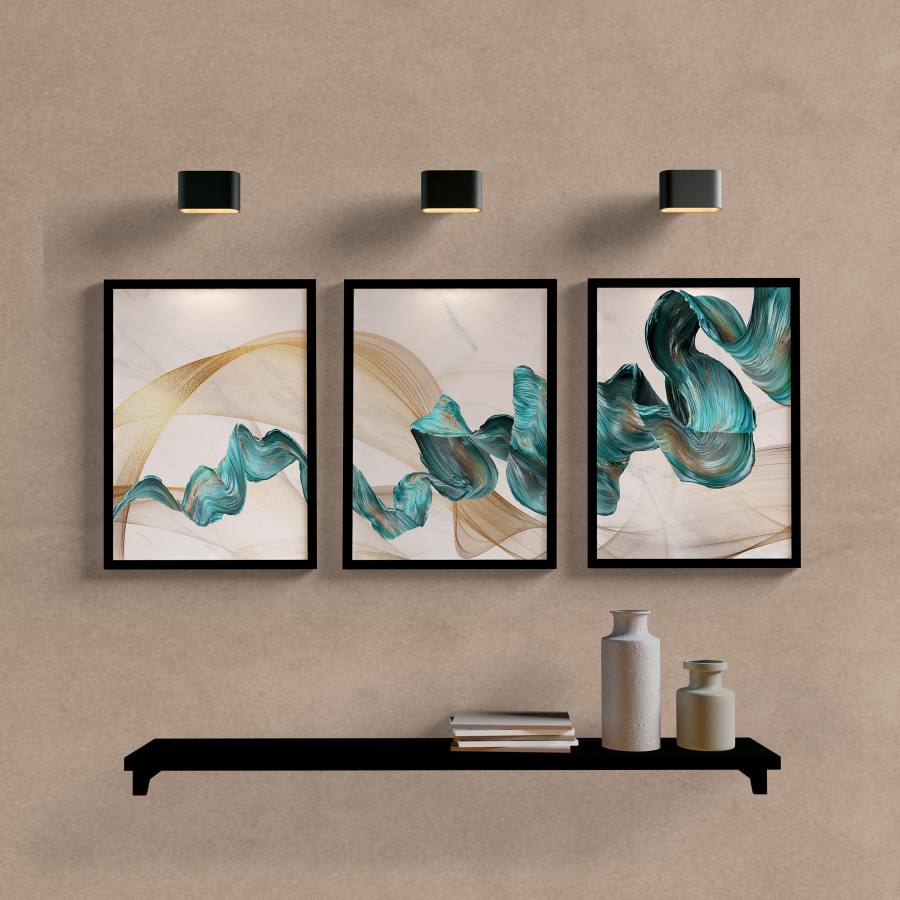 Kit Quadros Decorativos Abstrato Dourado e Azul - quadro decorativo em ambiente decorado