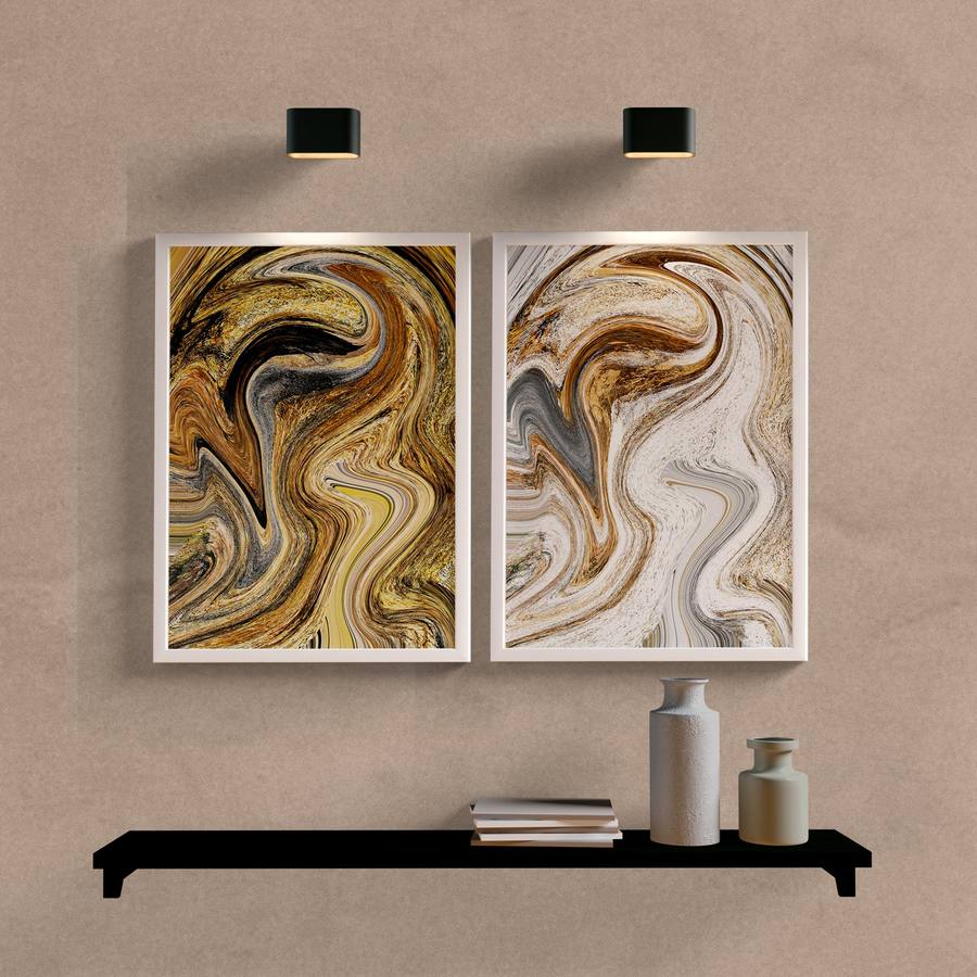 Kit Quadros Decorativos Abstrato Dourado e Prata - detalhe da moldura e acabamento