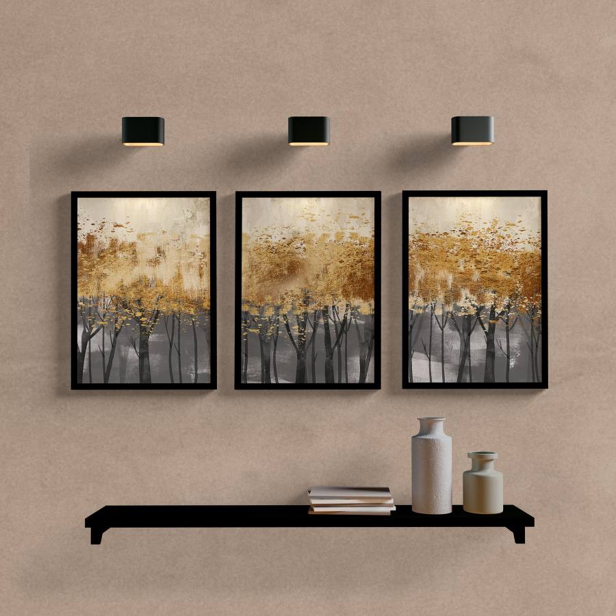 Kit Quadros Decorativos Abstrato Floresta Dourada - quadro decorativo em ambiente decorado