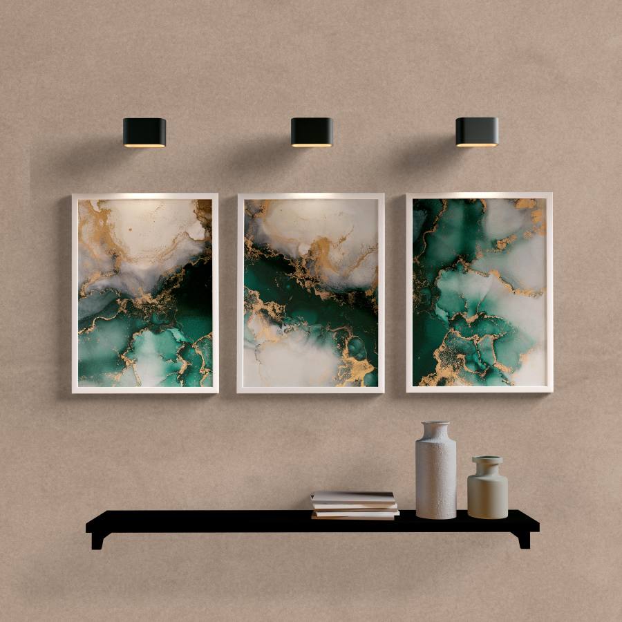 Kit Quadros Decorativos Abstrato Mármore Verde - detalhe da moldura e acabamento