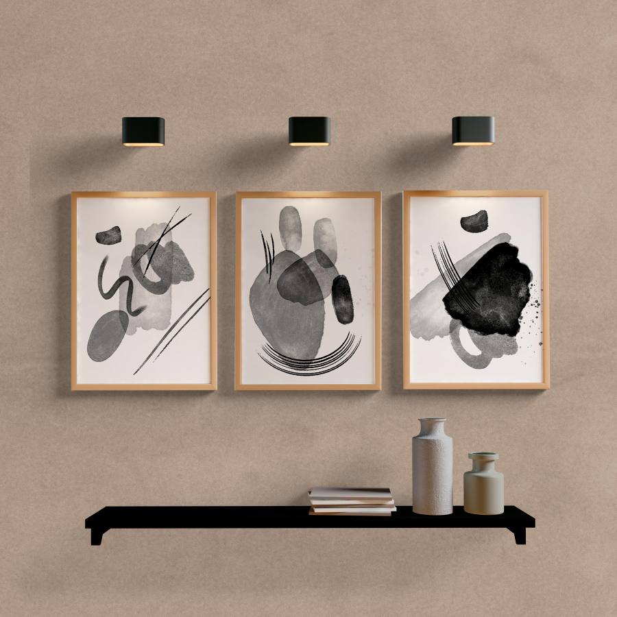 Kit Quadros Decorativos Abstrato Preto e Cinza - quadro decorativo em ambiente decorado