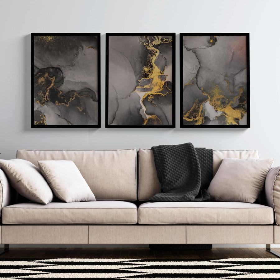 Kit Quadros Decorativos Abstrato Preto e Dourado II | Wallze