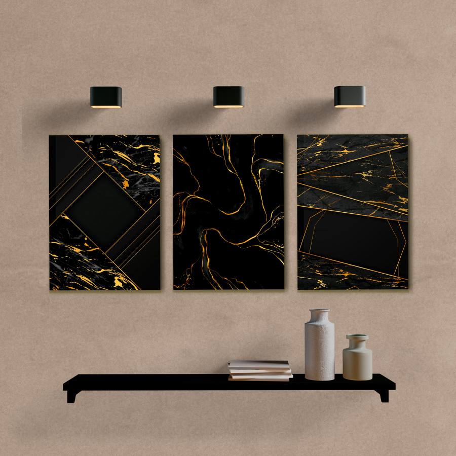 Kit Quadros Decorativos Abstrato Preto e Dourado - quadro decorativo em ambiente decorado