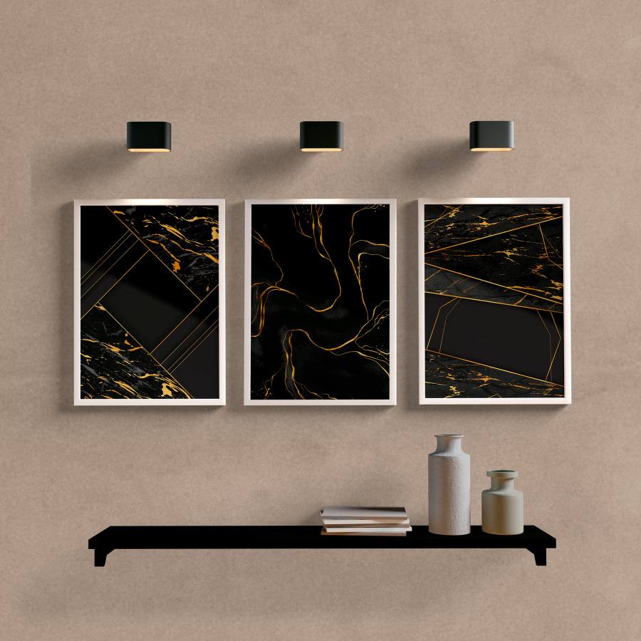Kit Quadros Decorativos Abstrato Preto e Dourado - detalhe da moldura e acabamento