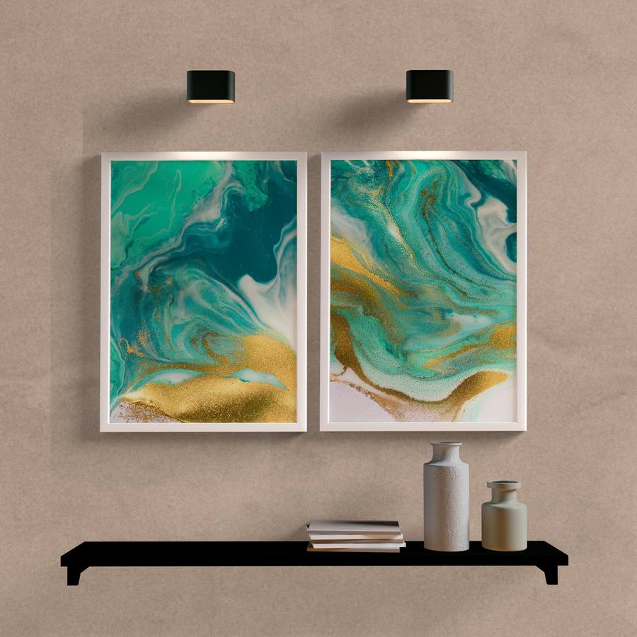 Kit Quadros Decorativos Abstrato Verde e Dourado - detalhe da moldura e acabamento