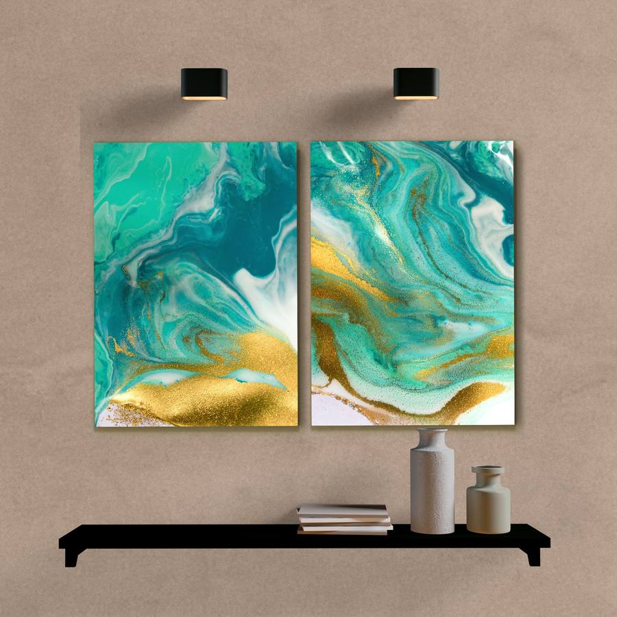 Kit Quadros Decorativos Abstrato Verde e Dourado - quadro decorativo em ambiente decorado
