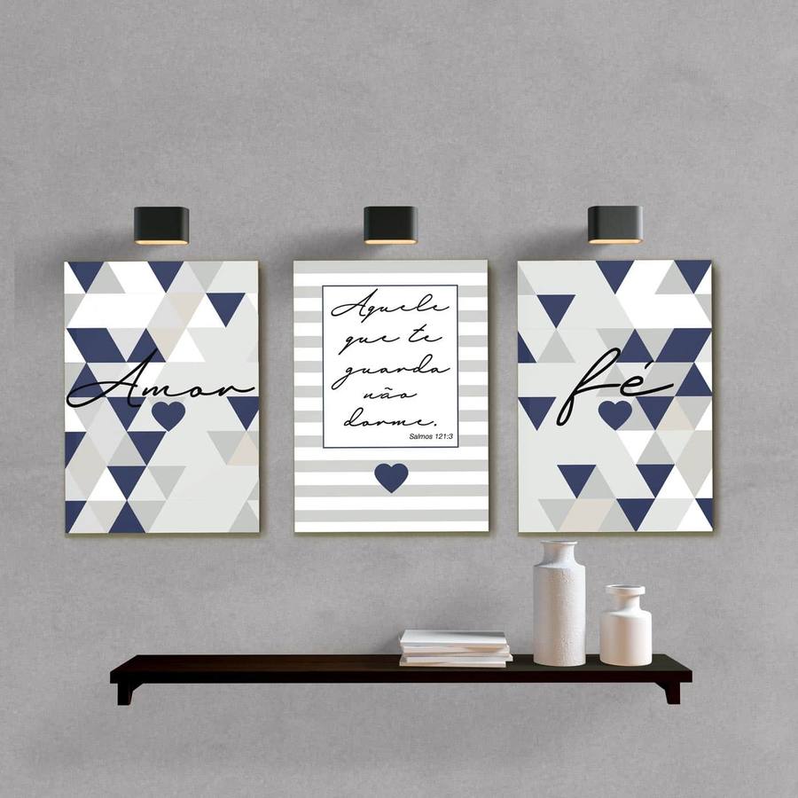 Kit Quadros Decorativos Amor e Fé Azul Marinho - quadro decorativo em ambiente decorado