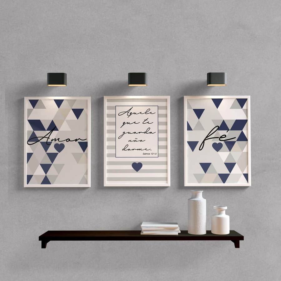 Kit Quadros Decorativos Amor e Fé Azul Marinho - detalhe da moldura e acabamento