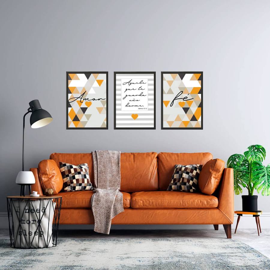 Kit Quadros Decorativos Amor e Fé Laranja
