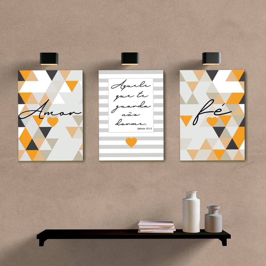 Kit Quadros Decorativos Amor e Fé Laranja - quadro decorativo em ambiente decorado