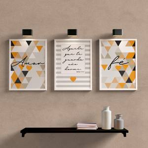 Kit Quadros Decorativos Amor e Fé Laranja | Wallze
