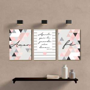 Kit Quadros Decorativos Amor e Fé Rosa e Cinza - quadro decorativo em ambiente decorado