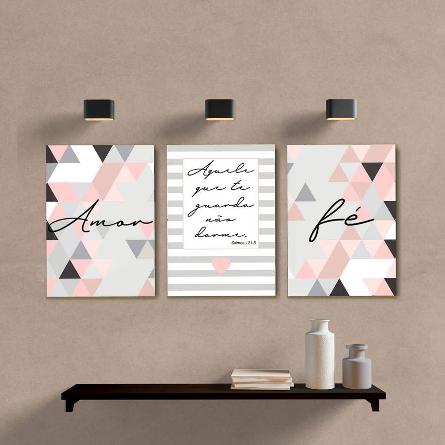 Kit Quadros Decorativos Amor e Fé Rosa e Cinza - quadro decorativo em ambiente decorado