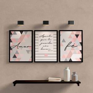 Kit Quadros Decorativos Amor e Fé Rosa e Cinza - detalhe da moldura e acabamento
