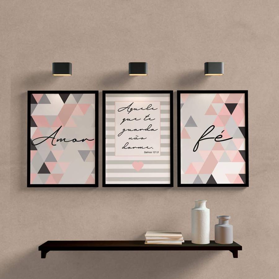 Kit Quadros Decorativos Amor e Fé Rosa e Cinza - detalhe da moldura e acabamento