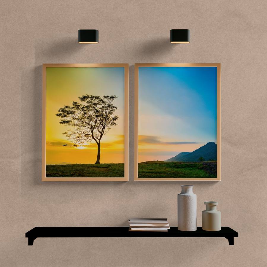 Kit Quadros Decorativos Árvore Sunset II - quadro decorativo em ambiente decorado