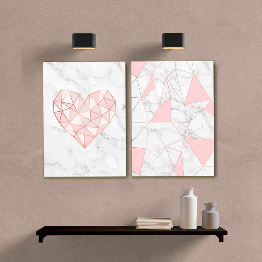 Kit Quadros Decorativos Coração Geométrico Rosa - quadro decorativo em ambiente decorado