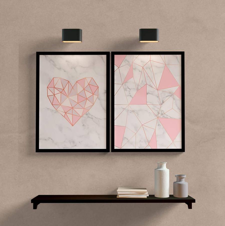 Kit Quadros Decorativos Coração Geométrico Rosa - detalhe da moldura e acabamento