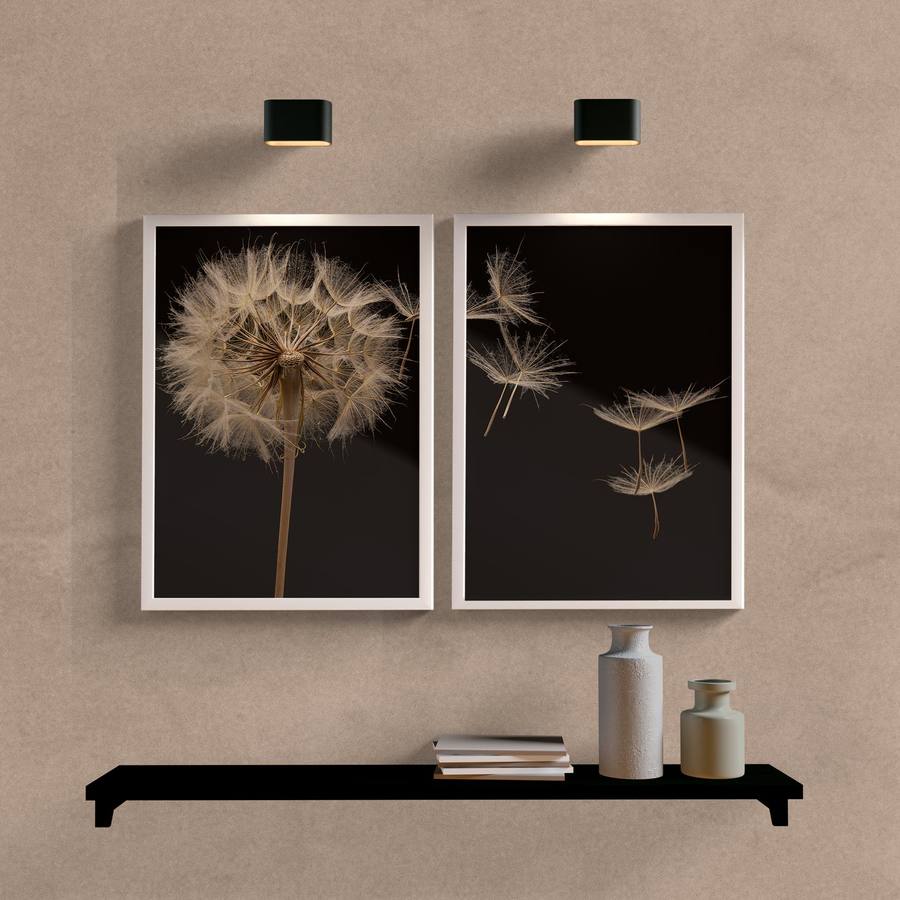 Kit Quadros Decorativos Dente de Leão Fundo Escuro - detalhe da moldura e acabamento