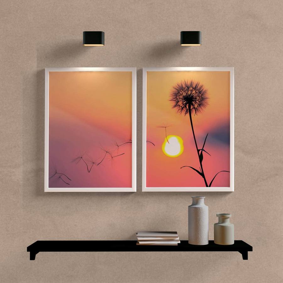 Kit Quadros Decorativos Dente de Leão Sunset - detalhe da moldura e acabamento