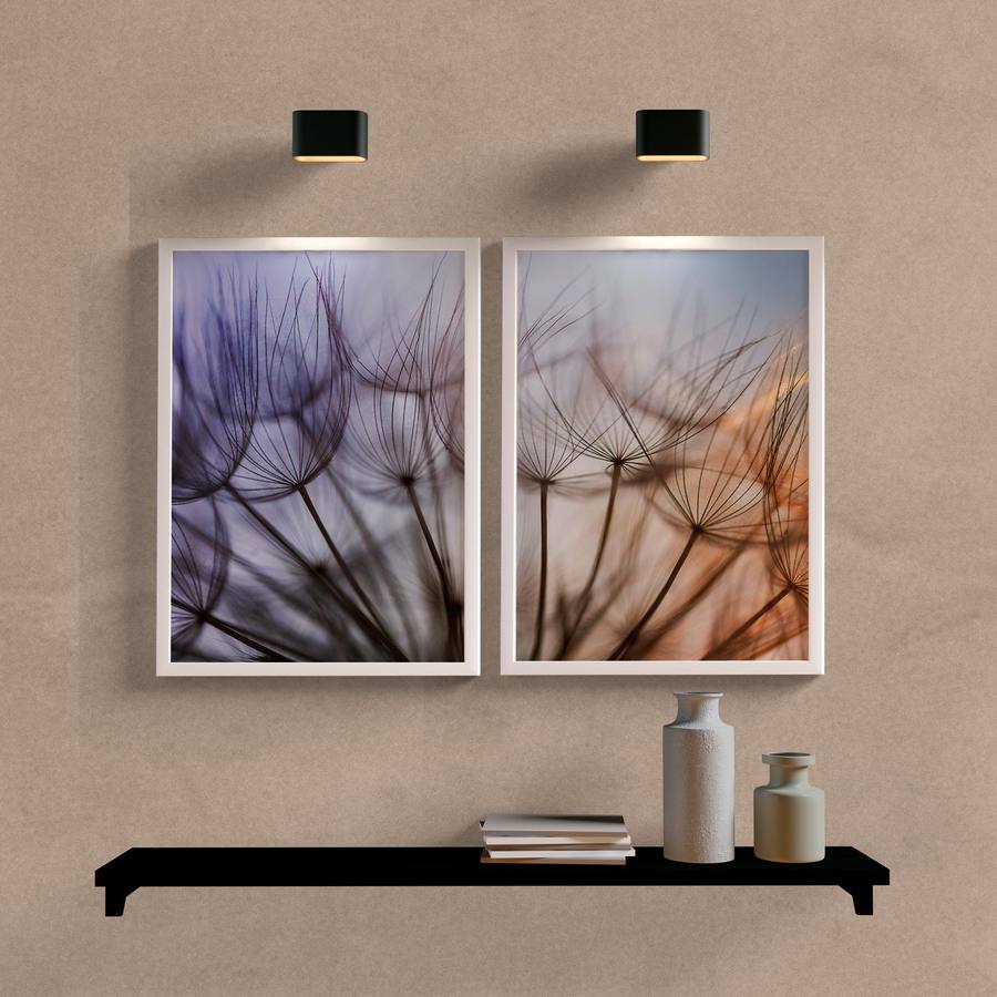 Kit Quadros Decorativos Dente de Leão Tons de Roxo - detalhe da moldura e acabamento