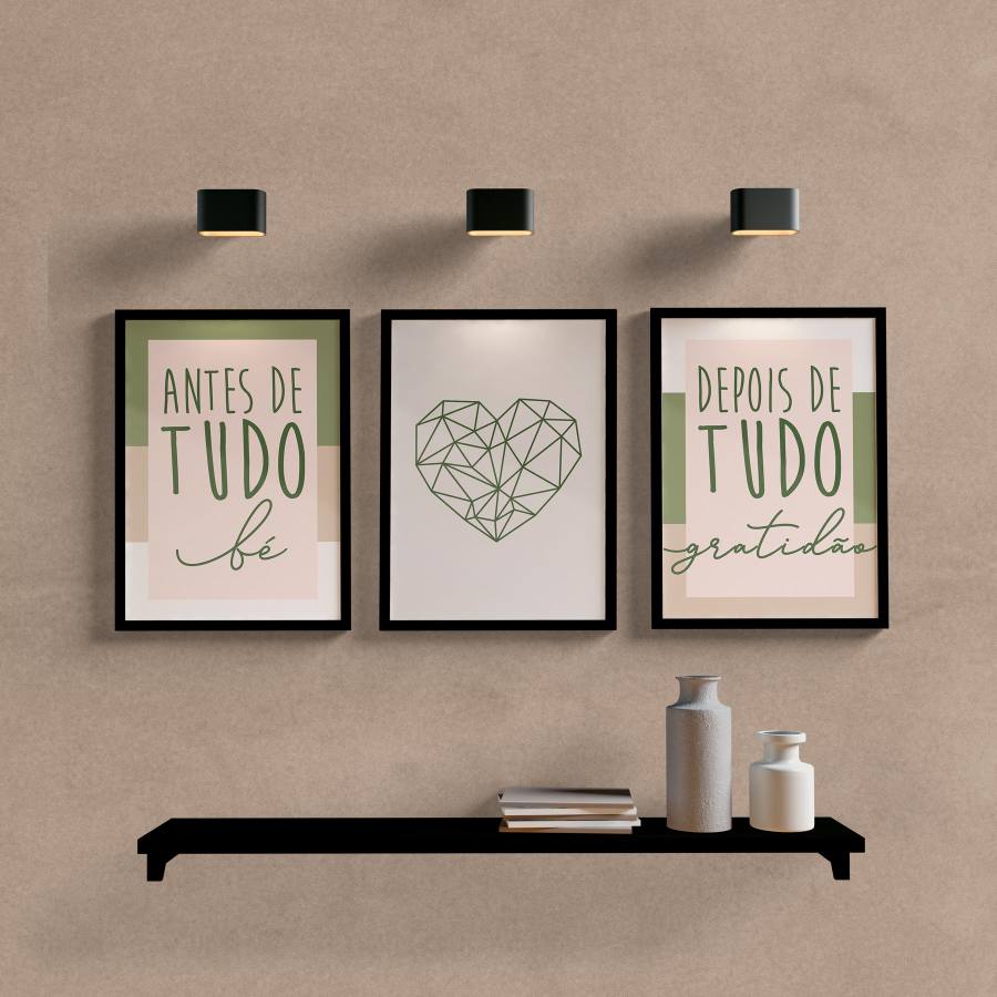 Kit Quadros Decorativos Depois de tudo Gratidão Rose e Verde - quadro decorativo em ambiente decorado