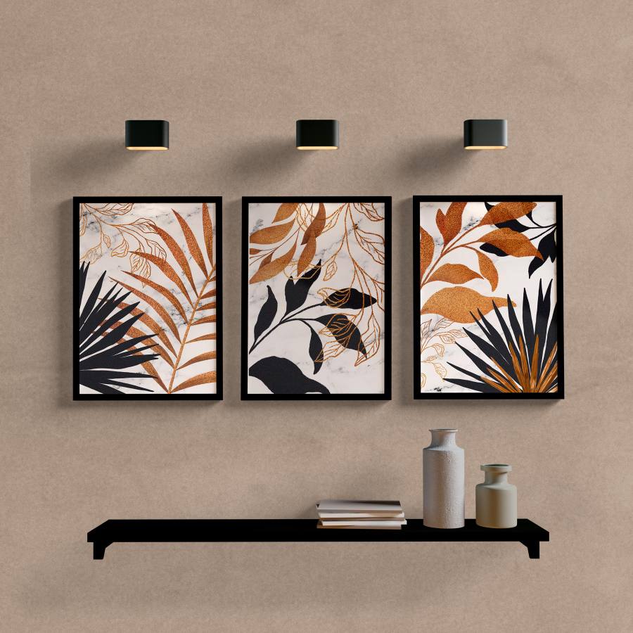 Kit Quadros Decorativos Folhas Dourado e Preto - quadro decorativo em ambiente decorado