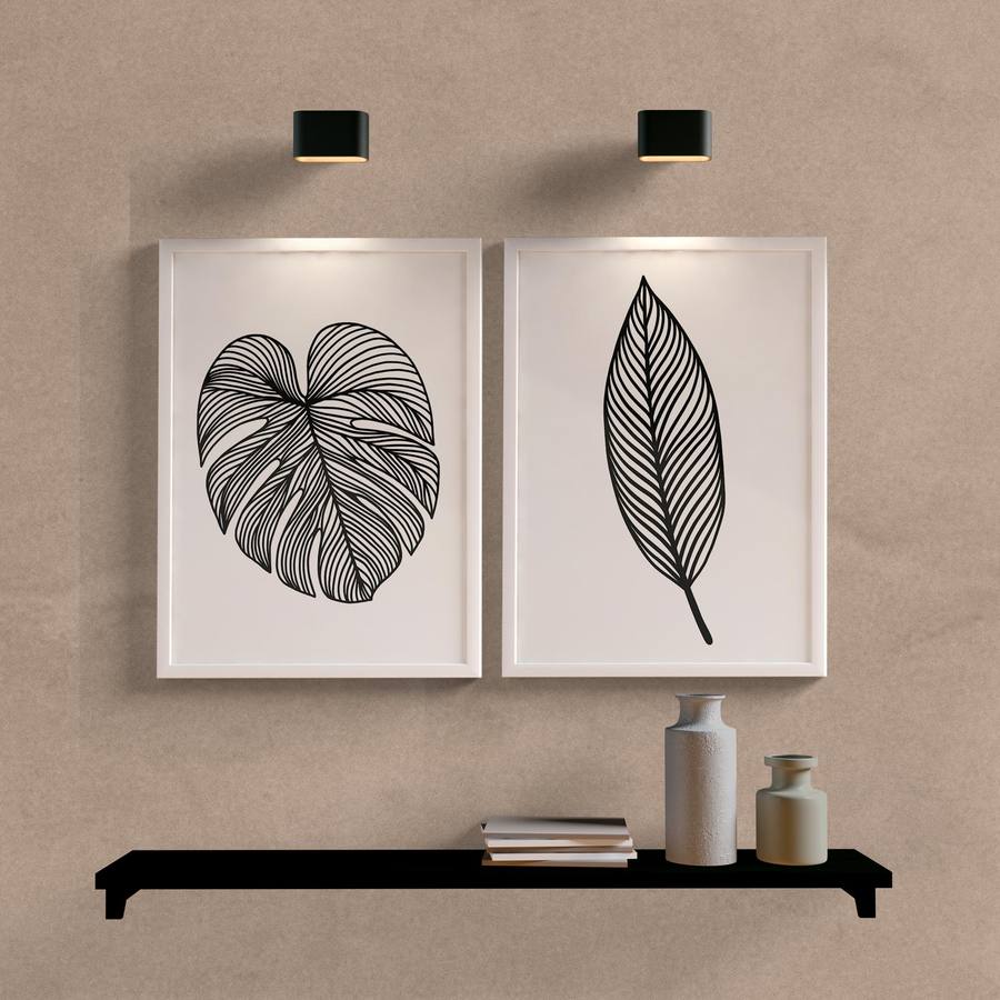 Kit Quadros Decorativos Folhas P&B - detalhe da moldura e acabamento