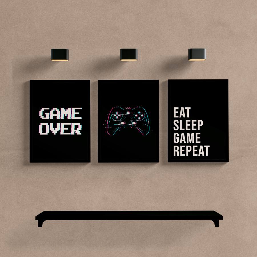 Kit Quadros Decorativos Game Over - quadro decorativo em ambiente decorado