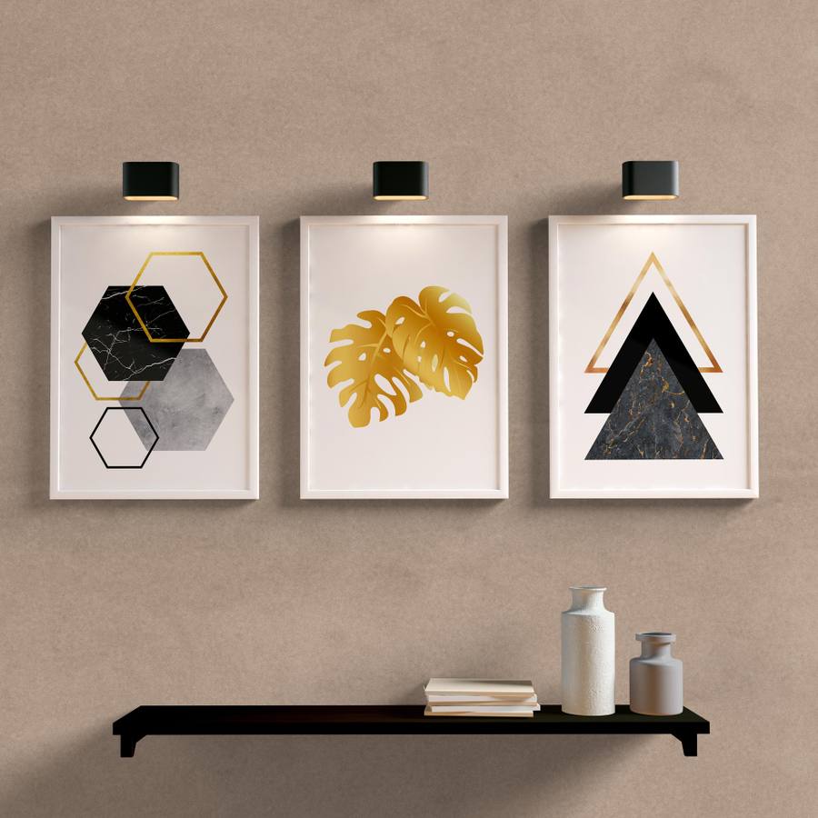 Kit Quadros Decorativos Geometrico Preto e Dourado - detalhe da moldura e acabamento