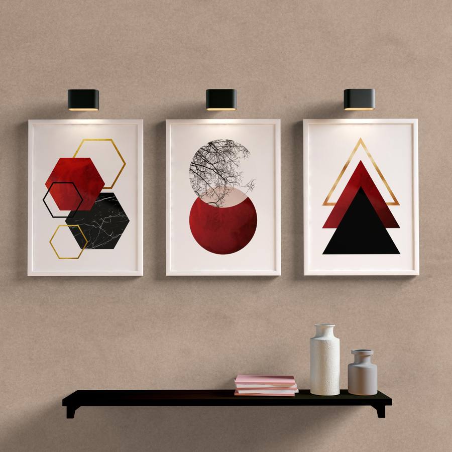 Kit Quadros Decorativos Geométrico Vermelho - detalhe da moldura e acabamento