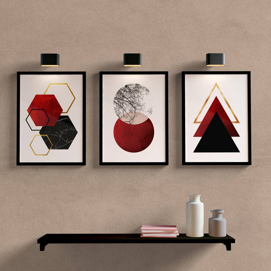 Kit Quadros Decorativos Sala Quarto Geometrico Vermelho